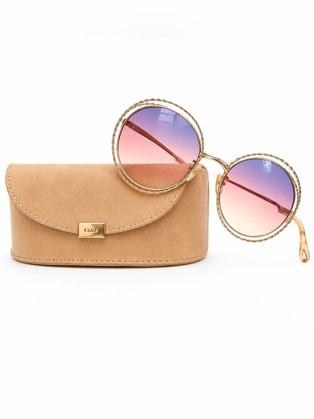 Chloe Gold Round Sunglasses with Pink-to-Orange Gradient Lenses